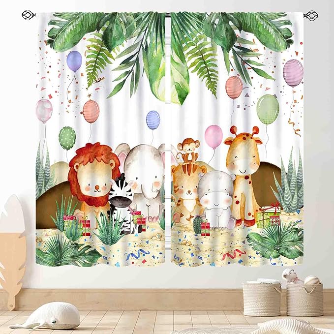 Jungle Safari Animals Curtains, Cartoon Animals Lion Giraffe Elephant Woodland Tropical Leaf Green Window Drapery for Kids Boys Girls Baby Living Room Bedroom Nursery 2 Panels, 63"x63" Inch