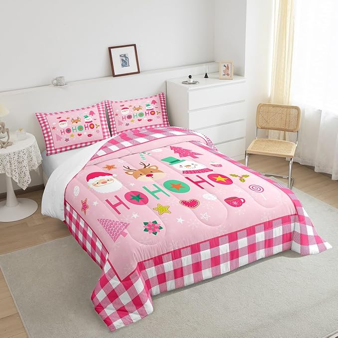 Merry Christmas Kids Comforter Set King Size,Cartoon Santa Claus Snowman Deer Bedding Set,Boys Girls Adults Room Decor,Geometric Grids Fashion Down Comforter,Pink Xmas Duvet Insert,2 Pillowcases