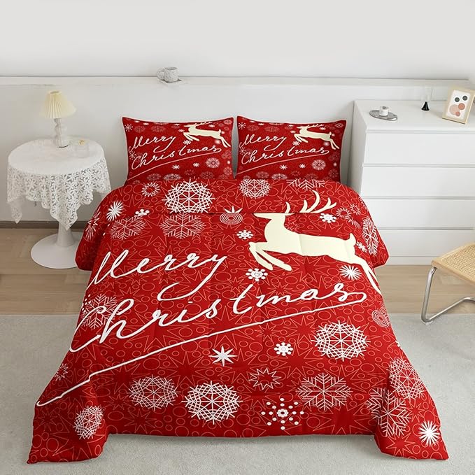Merry Christmas Kids Comforter Set Queen Size,Deer Animal Silhouette Bedding,Girls Boys Adults Bedroom/Xmas Cabin Decor,Snowflake Dot Graffiti Down Comforter,Red Romantic Duvet Insert,2 Pillowcases
