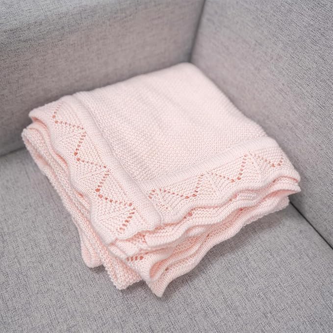 Baby Knit Blanket Soft Breathable Cotton Scallop Border Blankets Newborn Knitted Blanket Swaddle Blankets Gifts for Baby Newborn Toddler Shower Boy Girl New Mom Birthday Christmas Pink 30x40