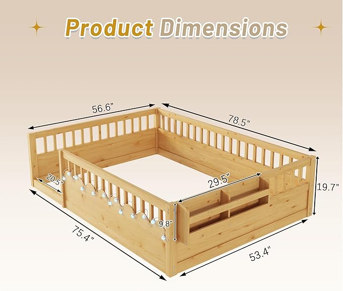 Montessori Floor Bed Full for Kids, Full Size Floor Bed with High Rails & Storage Shelf, Wood Baby Floor Beds with LED Light for Boys & Girls, Natural