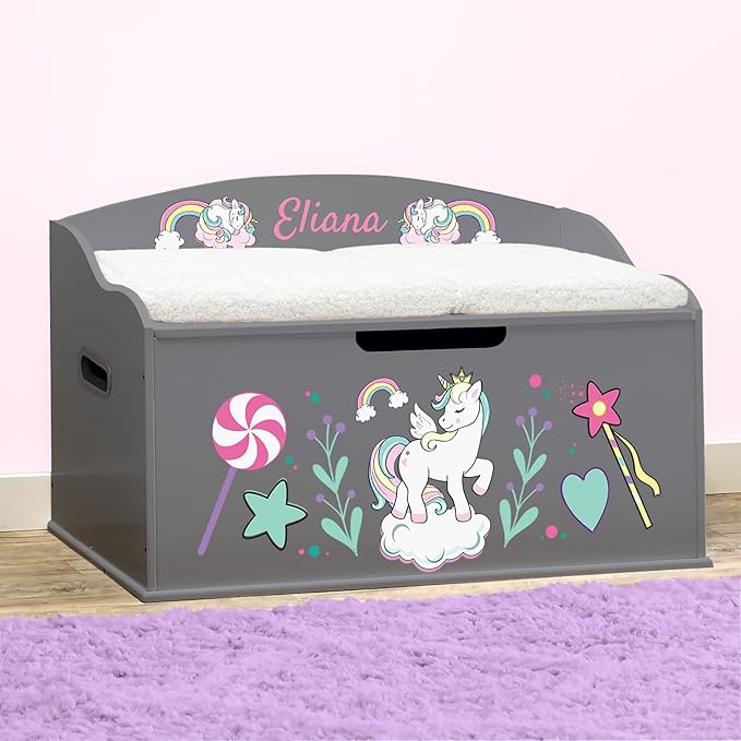 DIBSIES Personalized Creative Wonders Toy Box, Unicorns & Rainbows, 30 x 19.25 x 18 inches, Soft-Close Lid (Dovetail Grey)