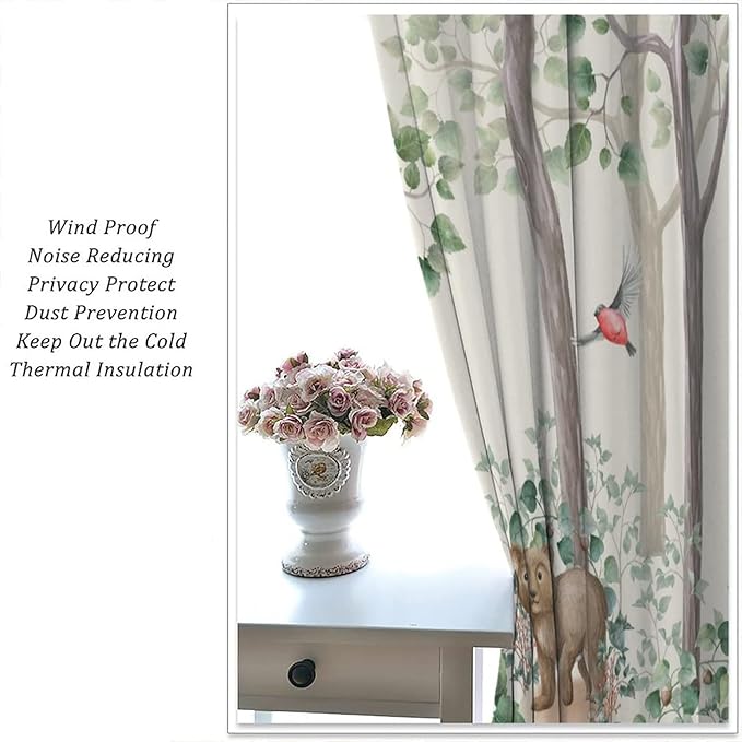 Forest Animal Curtains,Fox Elk Bird Animal Watercolor Woodland Print Curtains Kids Nursery Bedroom Living Room Home Decoration 72x63in