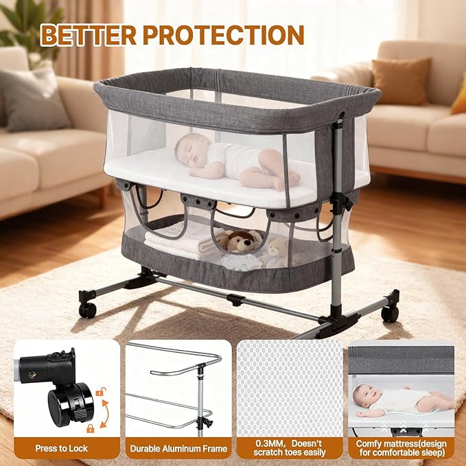 Bassinet Bedside Sleeper, 3-in-1 Baby Bedside Bassinet, 5 Height Adjustable Rocking Baby Crib, Breathable Full Mesh, Mosquito Net, Storage Basket, Stable and Secure Bassinets for Newborn Infant
