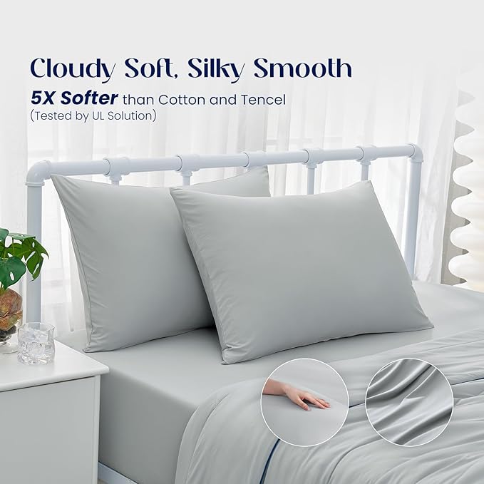 Dream Valley® King Size Sheets Set, Cooling Fitted Sheet with 2 Pillowcase-3 PCS with No Flat Sheet,Q-Max > 0.4 Aerocool, Cooling for Night Sweats, Hot Sleepers,deep Pocket up to 15",Cool Grey