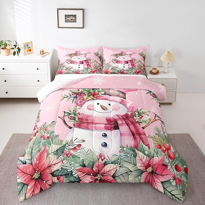 Manfei Xmas Snowman Comforter Set Twin Size, Leaves Flower Snowflake Down Comforter with 1 Pillowcase, Christmas Pink Bedding Set 2pcs for Kids Boys Girls Room Decor Lightweight Duvet Insert