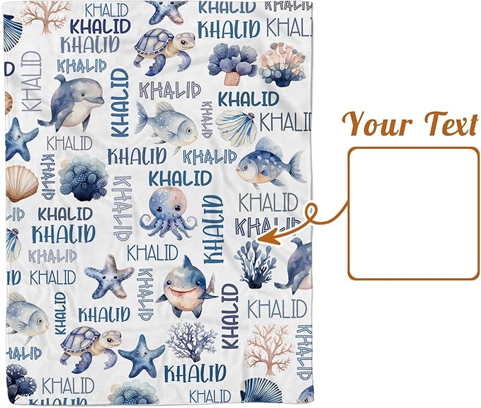 Personalized Baby Blanket with Name, Customized Blanket for Newborn Boys Girls, Ocean Animals Flannel Baby Name Blanket with Dotted Backing, Receiving Swaddle, Gifts for New Parents(47" x60)