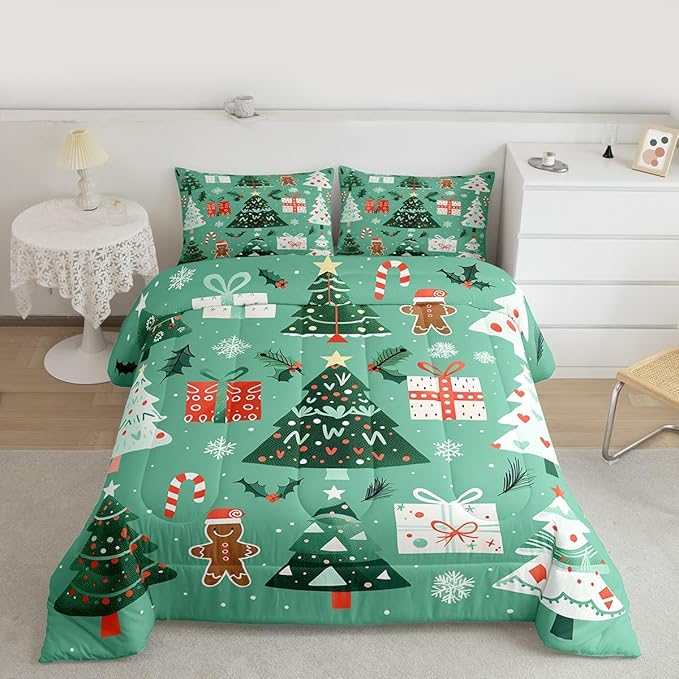 Feelyou Christmas Bedding Set Soft for Boys Girls, Xmas Tree Snowflake Comforter Set Toddler Size Gingerbread Man Duvet Quilt Microfiber New Year Gift Bedroom Decor 2 Pcs with 1 Pillow Cases