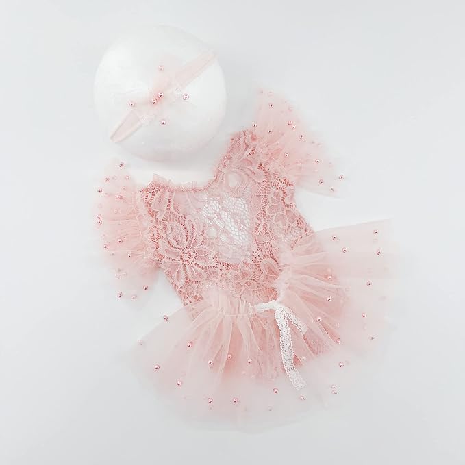 Newborn Lace Romper, 2 PCS Baby Girl Photography Props, Newborn Girl Photography Outfits with Flower Headband for Infants