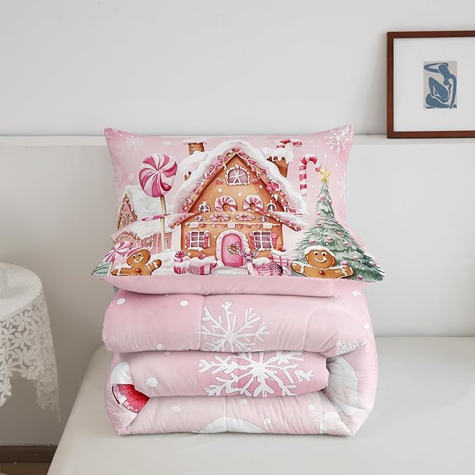 Gingerbread House Kids Comforter Set Full Size,Gingerbread Man Xmas Tree Cabin Deer Bedding Set,Girls Women Room Decor,Christmas Snowflake Down Comforter,Pink Brown Duvet Insert,2 Pillowcases