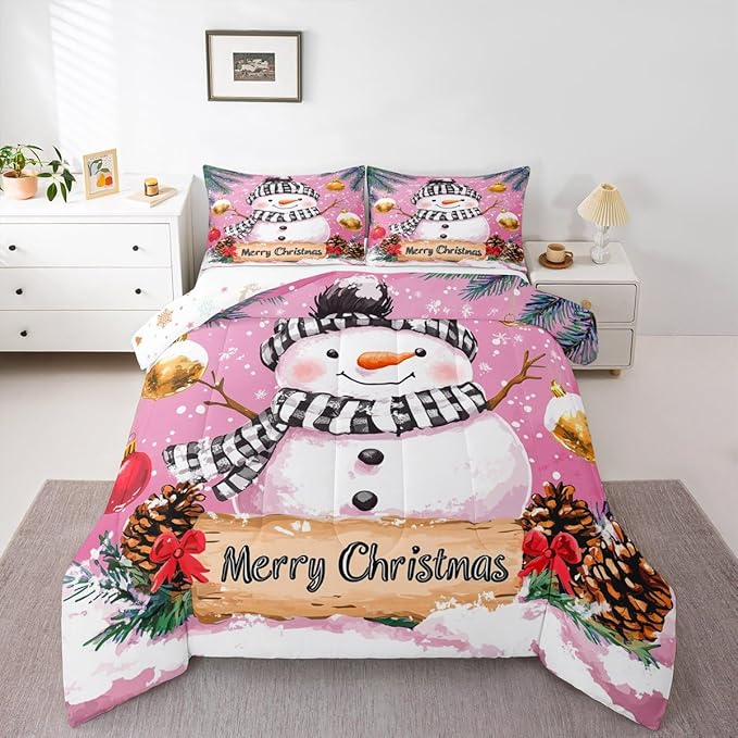 Feelyou Merry Christmas Bedding Set Soft for Boys Girls, Cute Snowman Comforter Set Twin Size Snowflake Duvet Quilt Microfiber Winter Bedroom Decor 2 Pcs with 1 Pillow Cases