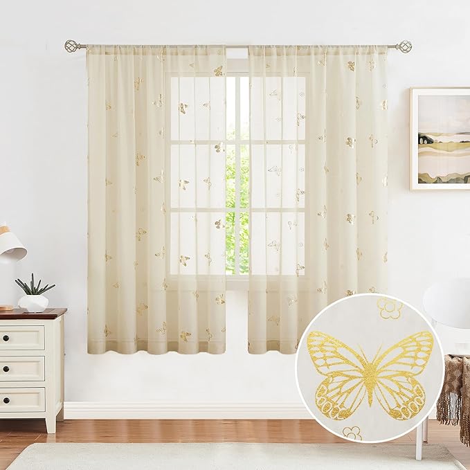 Jubilantex Butterfly Sheer Curtain Panels for Girls Nursery Bedroom, Toddler Gold Print Linen Textured Voile Farmhouse Rod Pocket Window Drapes 63 Inch for Kids Room, 2 Panels, Ivory/Beige