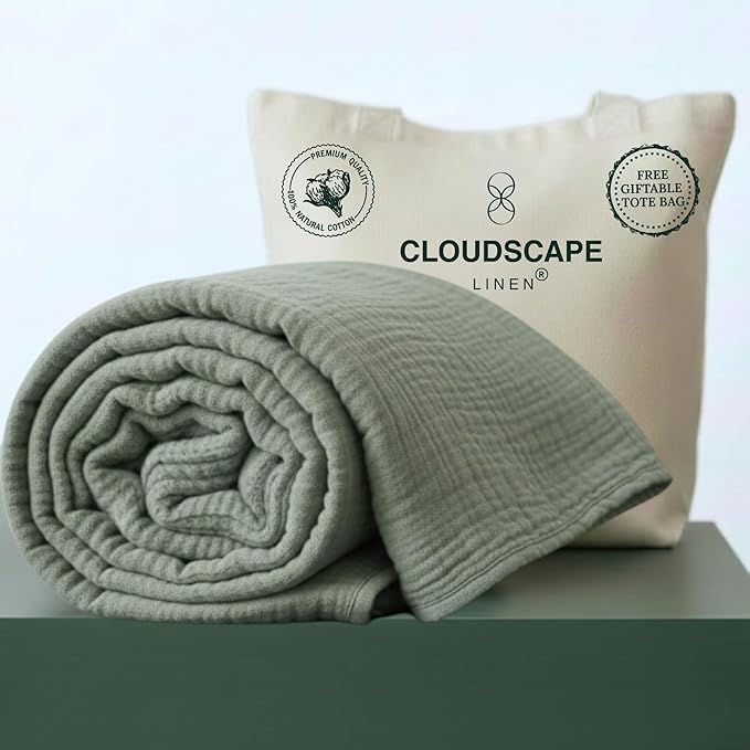 Cloud Scape Linen 4 Layer Oversized Muslin Blanket King Size - 100% Cotton, Lightweight & Breathable All Season Blanket for Bed, fits California King, 92x108, Sage Green