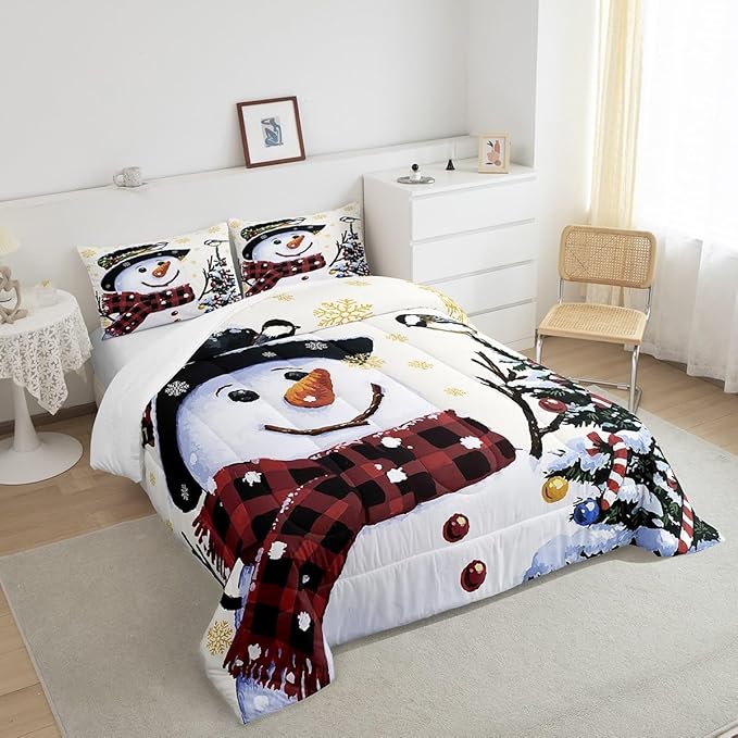 Feelyou Kids Christmas Theme Decorations Bedding Set Xmas Snowman Comforter Set for Boys Girls Snowflake Kawaii Cute Comforter Beige Golden Quilt Set Bedroom Collection Toddler Size