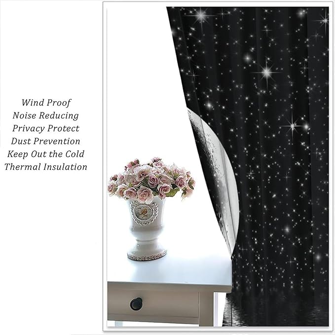 Night Starry Sky Curtain, Black Moon Phase Cloud Stars White New Moon Sparkly Shiny Galaxy Space Lake Fantasy Window Curtains for Kids Boys Girls Room Bedroom Living Room 42" W X 54" L