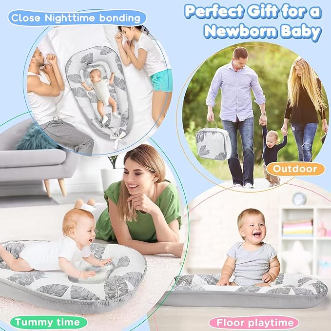 JIFTOK Baby Nests Lounger for Newborn, Snuggle Bassinet for 0-24M, Breathable Portable Co Bed, Baby Essentials Adjustable Infant Soft Cotton Loungers for Home & Travel -Leaves