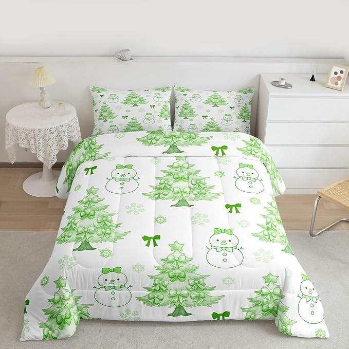 Feelyou Merry Christmas Comforter Set All Season Cute Snowman Bedding Set with 1 Pillow Cases Cartoon Bowknot Microfiber Kids Twin Bedclothes Christmas Tree Duvet Quilt Breathable Soft Lightweight