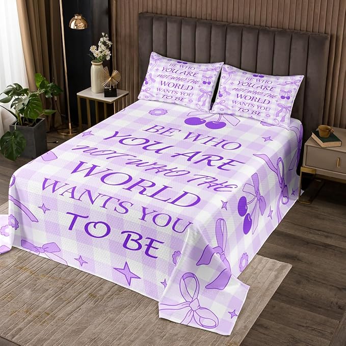 Purple Bowknot Bedspread Queen Size,Cherry Stars Daisy Flowers Romantic Coverlet Set,Girls Women Room Decor,Bow Tie Geometric Plaid Patchwork Quilted Coverlet,Dreamy Bedding Quilt,2 Pillowcases