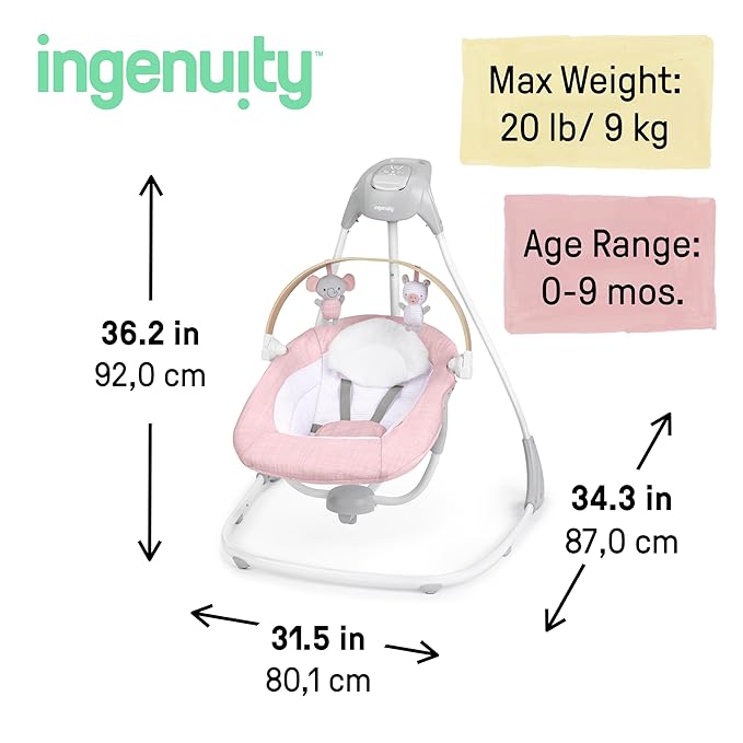 Ingenuity SimpleComfort Compact Baby Swing, Rotating Seat Swings in 3 Directions, 6 Speeds, 8 Melodies & 3 Nature Sounds, Ages 0-9 Months, Up to 20 Pounds - Pink