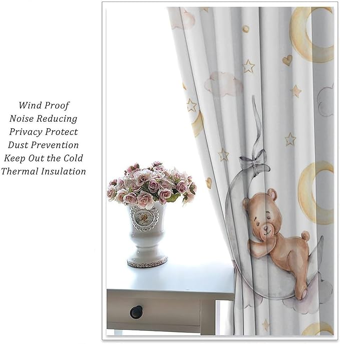 Cartoon Bear Curtains, Cartoon Watercolor Lovely Bear Moon Stars Printed Blackout Window Treatments, Rod Pocket Thermal Insulated Drapes 2 Panel Sets for Kids Bedroom Nursery Classroom, 42"W X 54"L