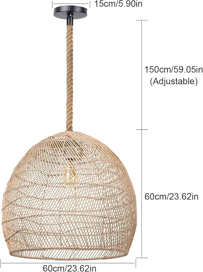 Arturesthome Large 23.6in Rattan Pendant Light for Kitchen Island, Woven Rope Lamp Shade, Hanging Ceiling Light Shade, Handmade Lampshade Chandelier for Dining Room