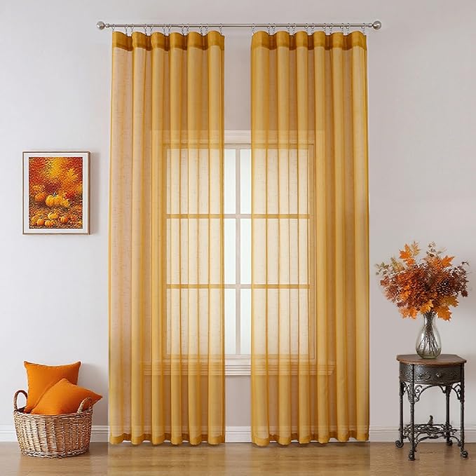Mustard Gold Linen Look Sheer Curtains 102 Inches Long 2 Panels, Rustic Textured Light Filtering Drapes, Vintage Yellow Window Decor, Floor to Ceiling Pinch Pleat Curtain with Hooks