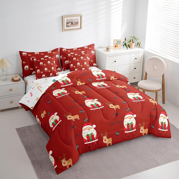 Santa Claus Bed Set Christmas Deer Bed in a Bag for Kids Boys Girls Winter Snowflake Comforter Set with Sheets Merry Christmas Khaki Red Bedding Set Bedroom Collection Queen Size