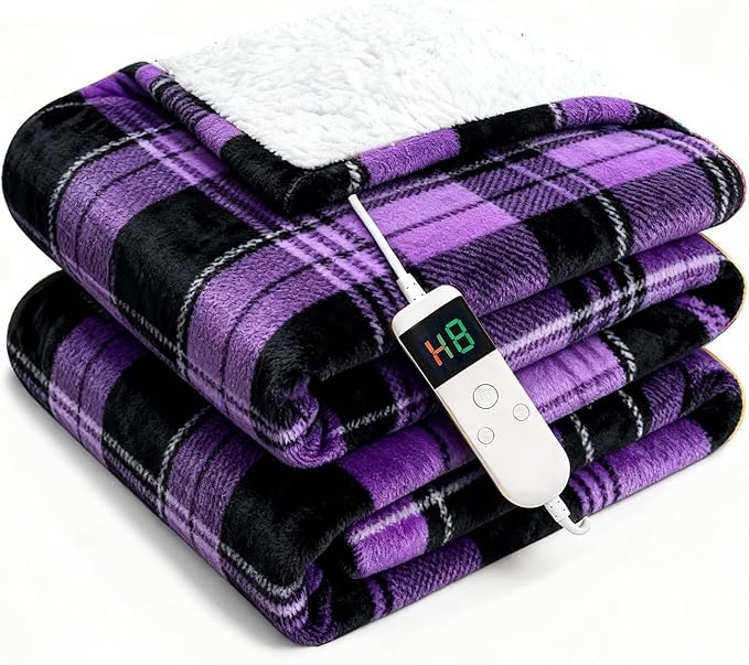 Electric Blanket Heated Throw, Soft Flannel 50"x60" Plaid Heating Blanket with 8 Hours Auto Off 10 Fast Heating Levels Machine Washable Sherpa Heated Blanket with Overheating Protection