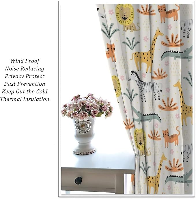 Wild Animals Curtains, Cute Cartoon Animals Zoo with Lion Zebra Crocodile Cat and Giraffe Tropical Jungle Plant Print Window Treatments for Kids Boys Girls Bedroom Living Room 72x63in
