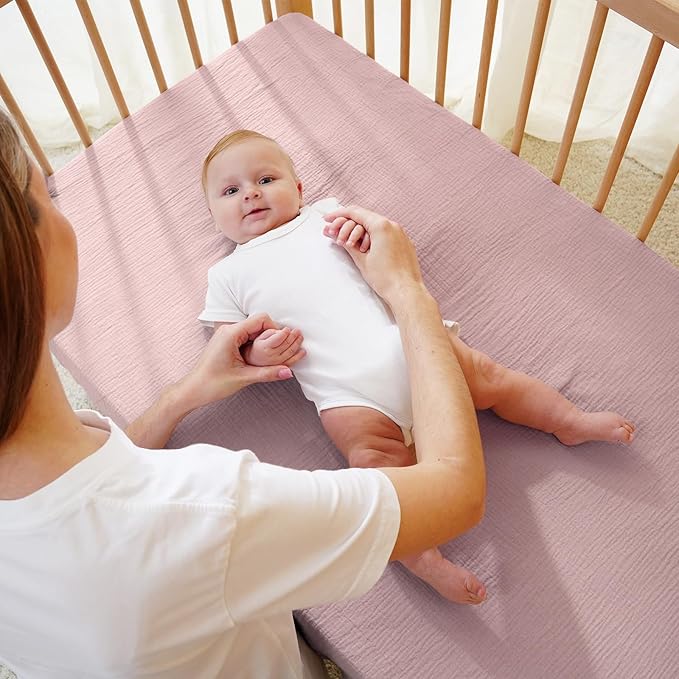 Muslin Crib Sheet – 100% Cotton Baby Fitted Sheet for Boys & Girls, Ultra Soft & Breathable, Snug Fit with 360° Elastic, Fits Standard Crib Mattress 28" x 52" & Toddler Beds.