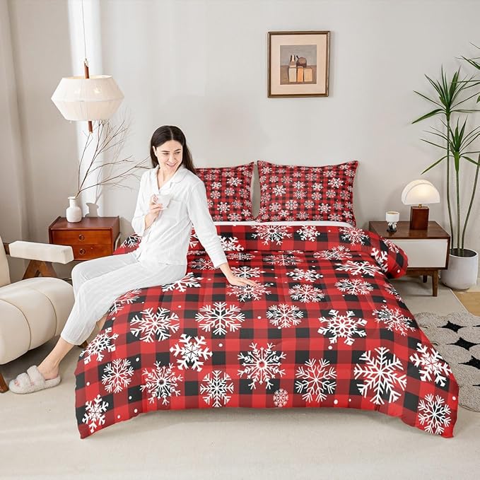 Feelyou Christmas Comforter Set Queen Size Red Black Plaid Bedding Set for Kids Boys Girls Winter Snow Duvet Quilt Snowflake Red Bedroom Decor Microfiber 3 Pcs with 2 Pillow Cases