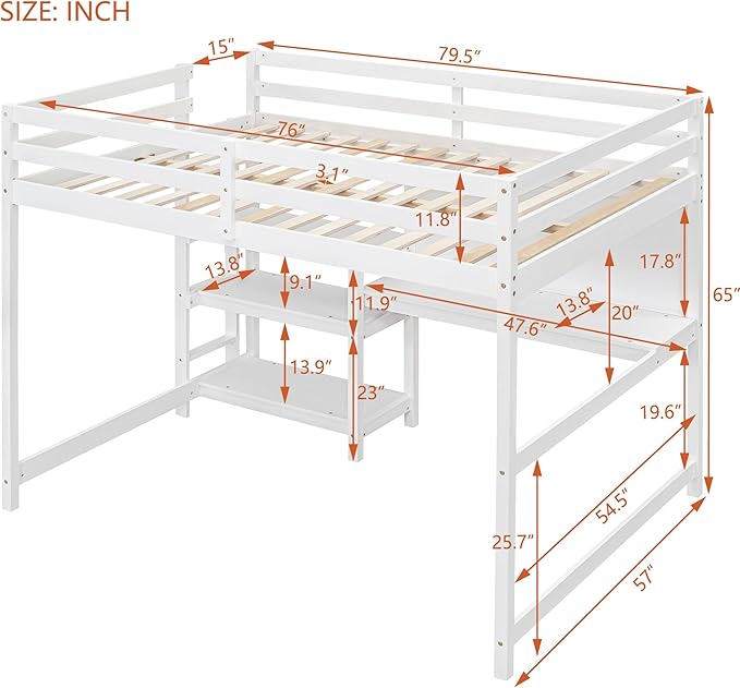 Bellemave Full Loft Bed with Desk and Writing Board,Loft Bed for Kids, Boys, Girls,Wooden Loft Be Frame with Desk and Ladder, White