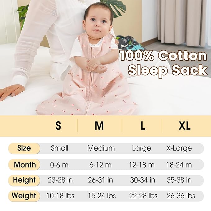 PHF Soft Baby Sleep Sack 12-18 Months 100% Organic Cotton Wearable Blanket, 2-Way Zipper 0.5 TOG Toddler Sleeping Sack 3 Pack, Comfy Sleep Bag for Baby Boys Girls, Ice Cream (Large)