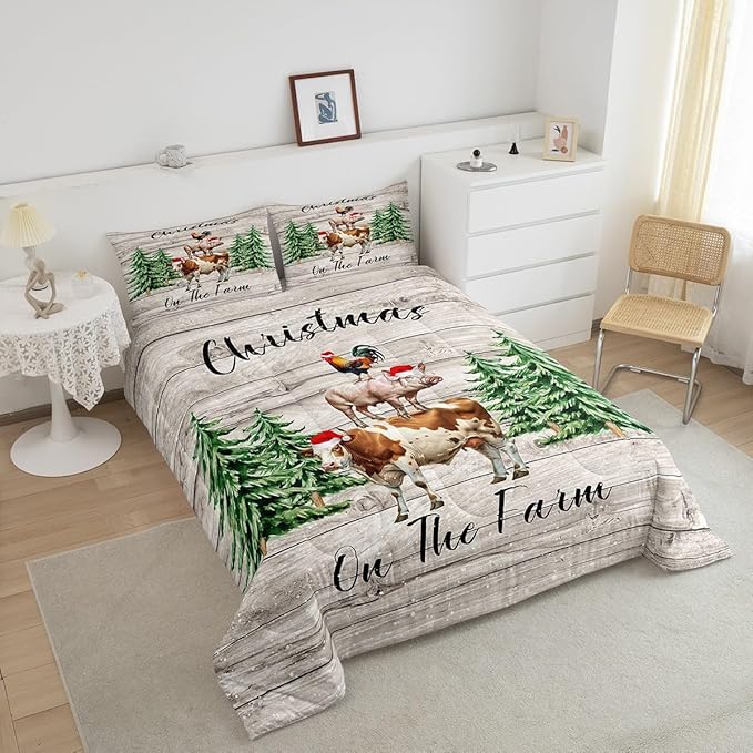 Castle Fairy Xmas Pine Trees Snowflake 3 Pcs Queen Size Comforter Set,Cartoon Cow Chicken Pig Down Alternative Adults Room Decor,Christmas Farmhouse Ultra Soft Microfiber Inner Fill 3Pcs Bedding
