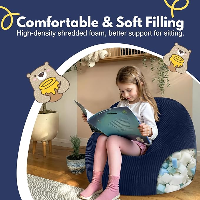 COMAX Bean Bag Chairs for Kids, Toddler BeanBag Sofa with Filler Bean Couch Stuffed for Boys and Girls, Lazy Floor Chair for Playroom, Nursery Room, Dark Blue