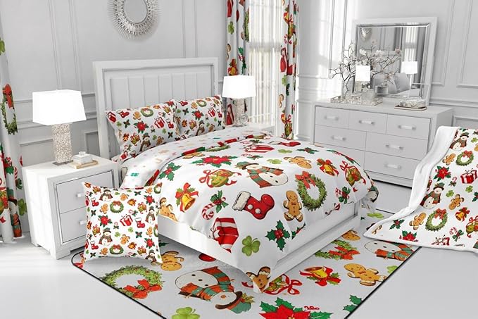 jejeloiu Merry Christmas Comforter Set Toddler Size Cute Snowman Bedding Set for Kids Boys Girls Gingerbread Man Duvet Quilt White Bedroom Decor