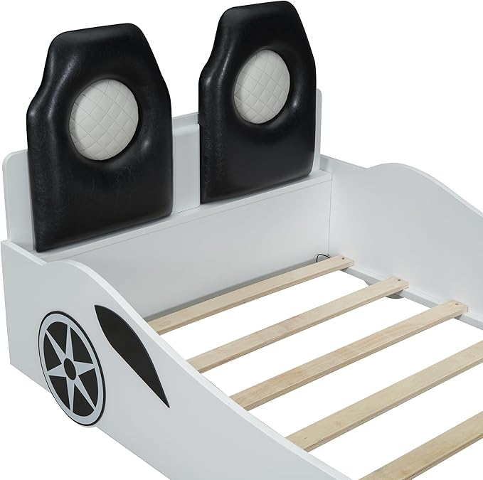 Bellemave Wood Twin Size Race Car-Shaped Platform Bed with LED and Upholstered Backrest, Kid's Platform Bed Frame with Race Car-Shaped and Safety Guardrails for Kids, Boys, Girls.(White)