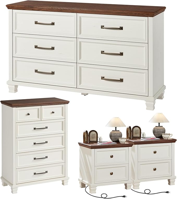 Farmhouse Bedroom Dresser and Nightstand Set of 4, 6 Drawer Tall & Low Dresser & 2 Drawer Nightstand Set, Rustic Wood Furniture Set for Bedroom, Hallway, White