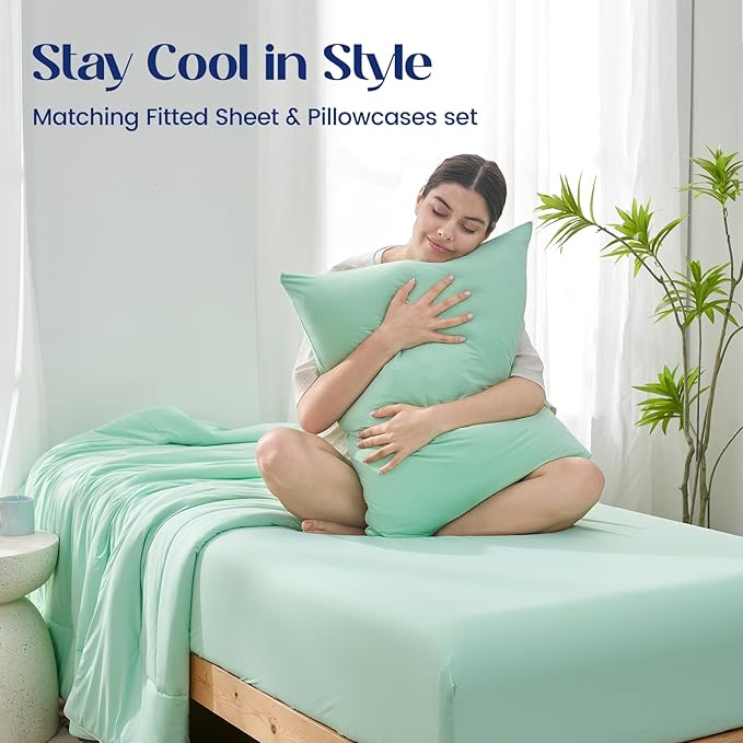 Dream Valley® Twin Sheets Set, Cooling Fitted Sheet with 1 Pillowcase-2 PCS with No Flat Sheet,Q-Max > 0.4 Aerocool, Cooling for Night Sweats, Hot Sleepers,deep Pocket up to 15",Mint Macaron