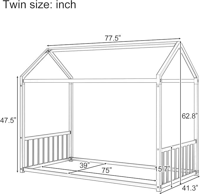 Montessori Style Metal Floor Bed Frame, House Shaped Bed with Vertical Safety Guardrails for Kids and Toddlers, Easy Assemble, No Slats, Twin Size, White