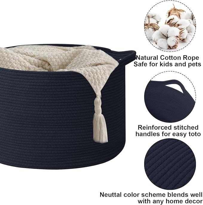 Large Blanket Basket for Organizing,65L Closet Organizers and Storage Bins Box for Shelves Woven Rope Storage Baskets,Living Room,Bedroom,Dorm,Laundry room (Navy)