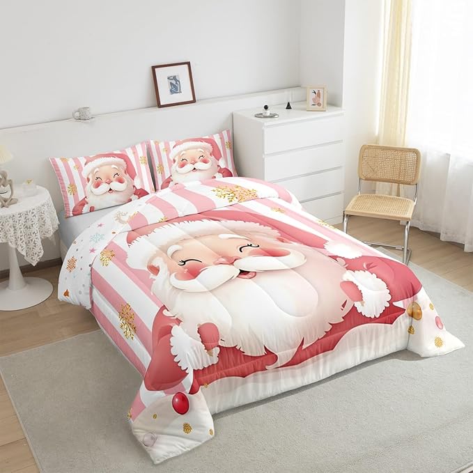 Feelyou Merry Christmas Decorations Twin Size Comforter Set Santa Claus Bedding Set Pink Quilt Set Soft Warm Lightweight Duvet Set