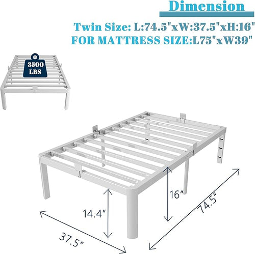 16 Inch Twin Bed Frames with Metal Baffles, White Twin Metal Bed Frame No Box Spring Needed, Heavy Duty Steel Platform Supprt, Rounded Corner Design, Storage Space. Noiseless, Reserved Holes