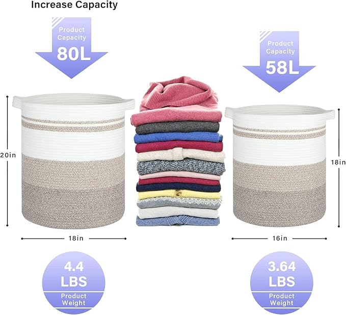 laundry hamper 16x16x18, 60L – large basket for blankets,toy basket, Cotton Rope Blanket Basket Living Room, Baby Laundry hamper for Blanket, Nursery, –stuffed animal storage(Triple brown)