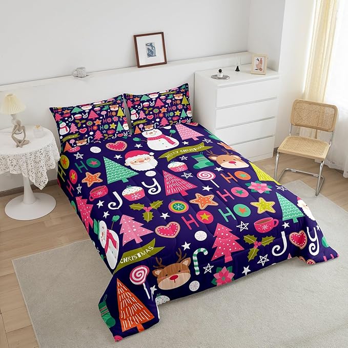 Merry Christmas Kids Comforter Set Queen Size,Cartoon Santa Claus Snowman Bedding Set,Boys Girls Adults Room Decor,Pines Deer Cute Xmas Down Comforter,Colorful Romantic Duvet Insert,2 Pillowcases