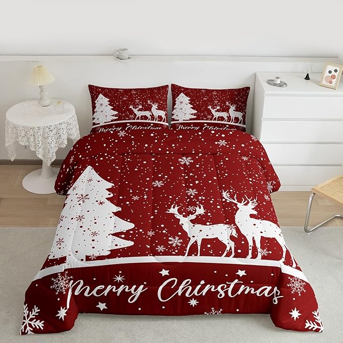 Merry Christmas Kids Comforter Set Twin Size,Deer Elk Pine Trees Bedding,Girls Boys Adults Bedroom/Xmas Cabin Decor,Snowflake Romantic Down Comforter,Rustic New Year Red Duvet Insert,1 Pillowcase