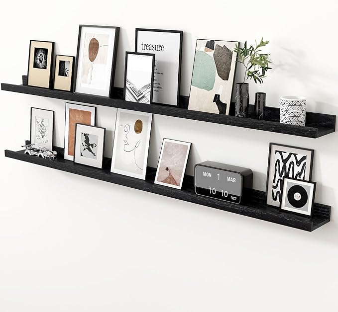 Axeman Oak Picture Ledge Shelf, 55 Inch Floating Shelves Set of 2, Solid Oak Wood Wall Shelves with Lip, Wall Decor Storage for Bedroom Living Room Bathroom Kitchen Nursery Photo Picture, Black