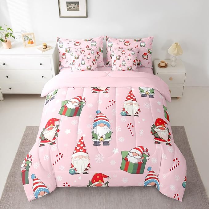 Feelyou Christmas Gnomes King Comforter Set with Sheets for Kids Boys Girls Cute Snowflakes Candy 7 Pieces Bedding Set Santa Claus Bed in a Bag Reversible Xmas Pink Decor Room Decor Soft Lightweight