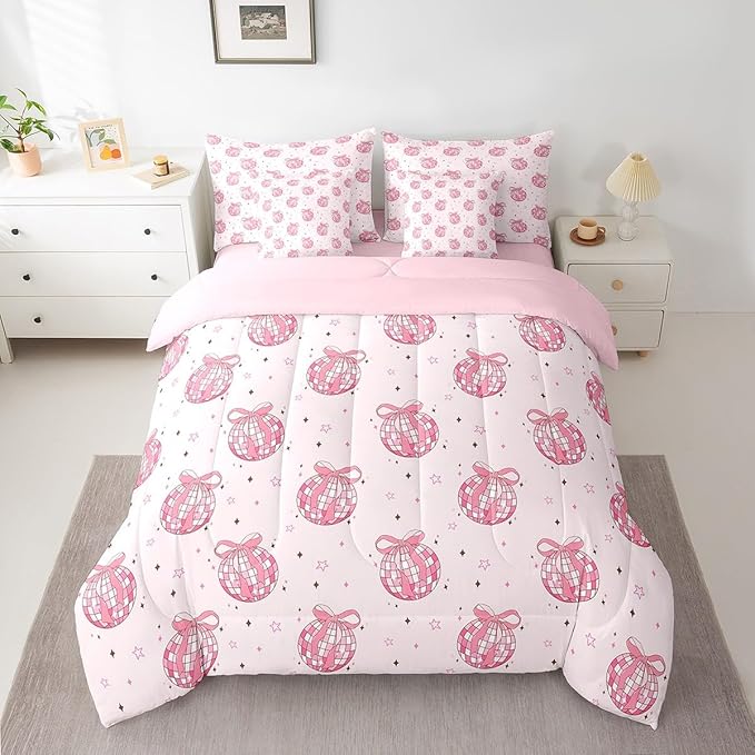7 Pieces Bowknot Princess Kid Comforter Set Twin,Disco Crystal Ball Western Cowgirl Bedding Set,Star Bow Tie Sweet Romantic Pink Dreamy（Comforter+Fitted+Flat Sheet+2 Pillowcases+2 Throw Pillow Covers）