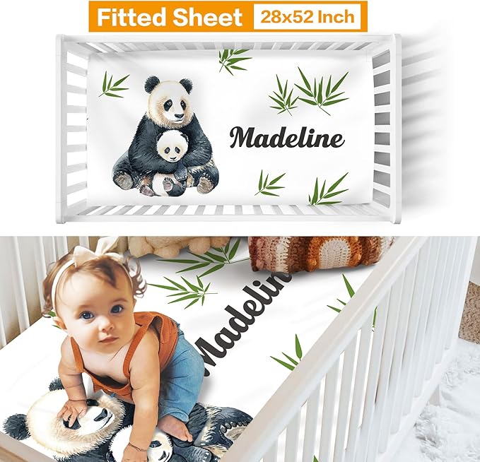 Custom Crib Bedding Set - Panda Design Personalized Name Baby Nursery Bedding 3 Pcs Set - Chic Soft Blanket, Sheet, Pillowcase for Newborns Boys Girls Gifts Color13